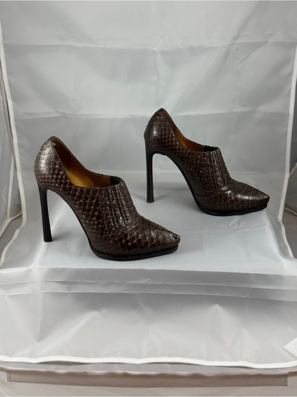 Lanvin Genuine Python Snakeskin Pointed-Toe Ankle Booties Brown